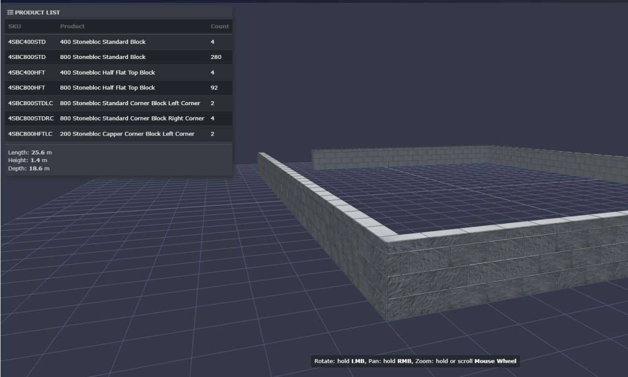 Envirobuild product list panel showing block SKUs and counts beside a 3D wall model