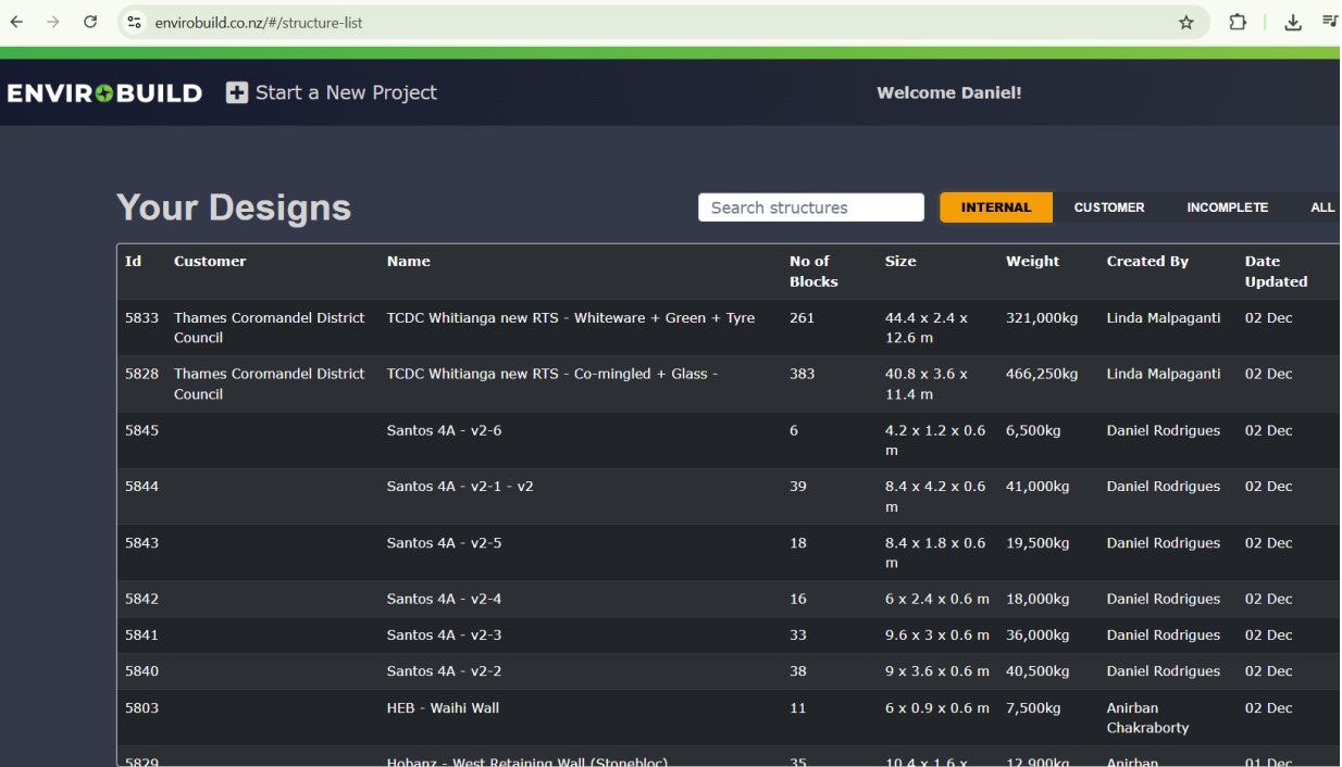 Envirobuild 'Your Designs' dashboard listing saved structure designs
