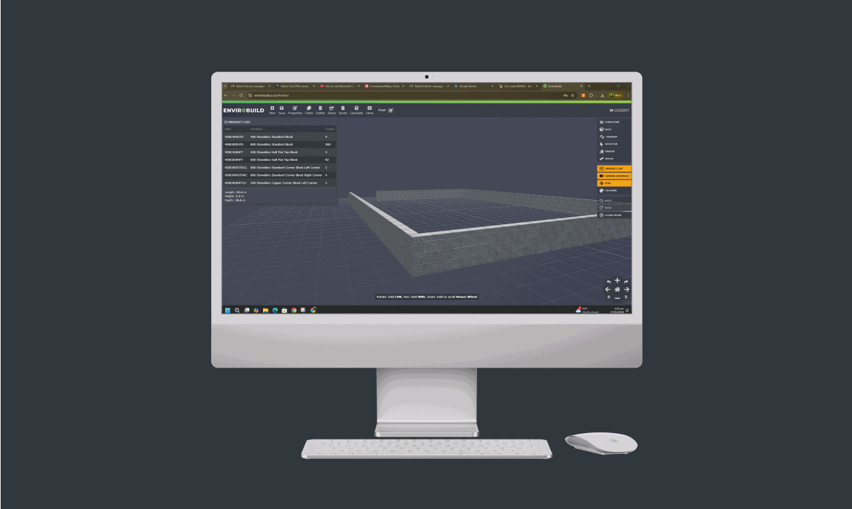 Envirocalc 3D wall configuration tool showing a live model