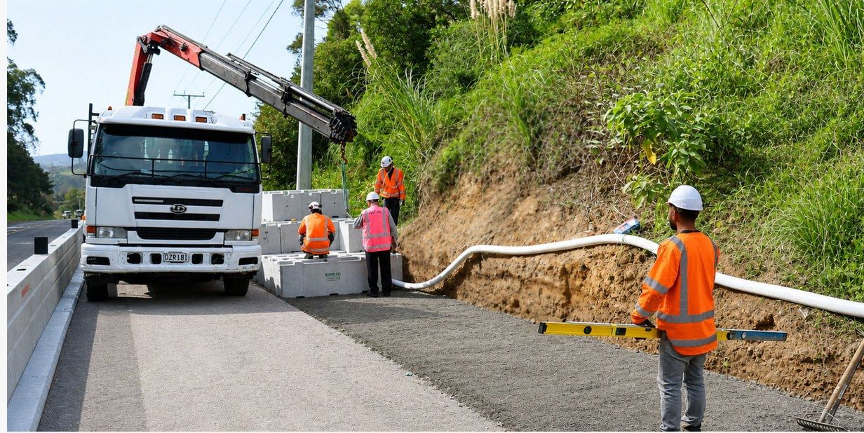 Crane truck delivering and placing Interbloc blocks on a roadside retaining wall site